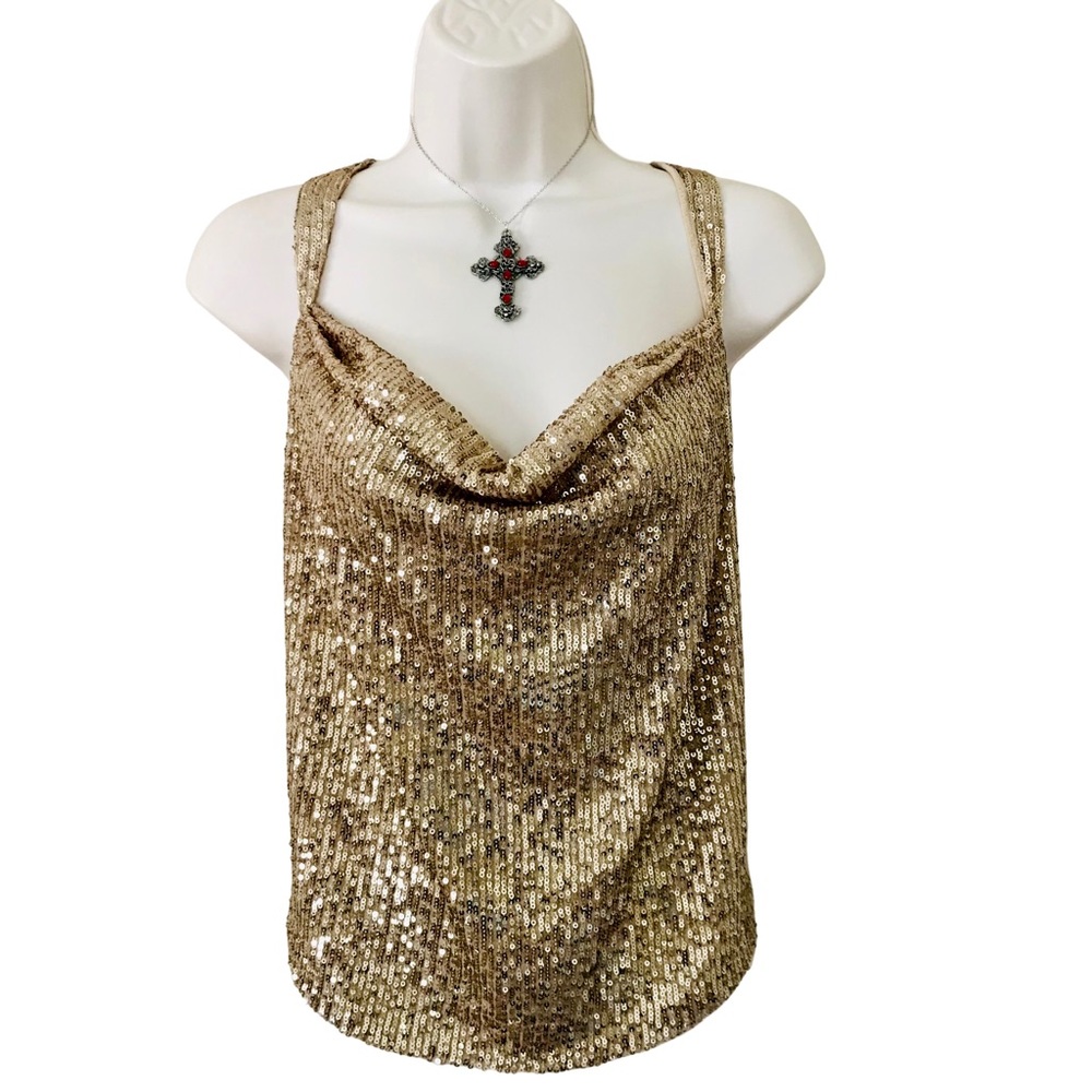 Anthropologie 90s Style Sexy Gold Sequin Cowl Neck Tank Top Blouse Club Size XL